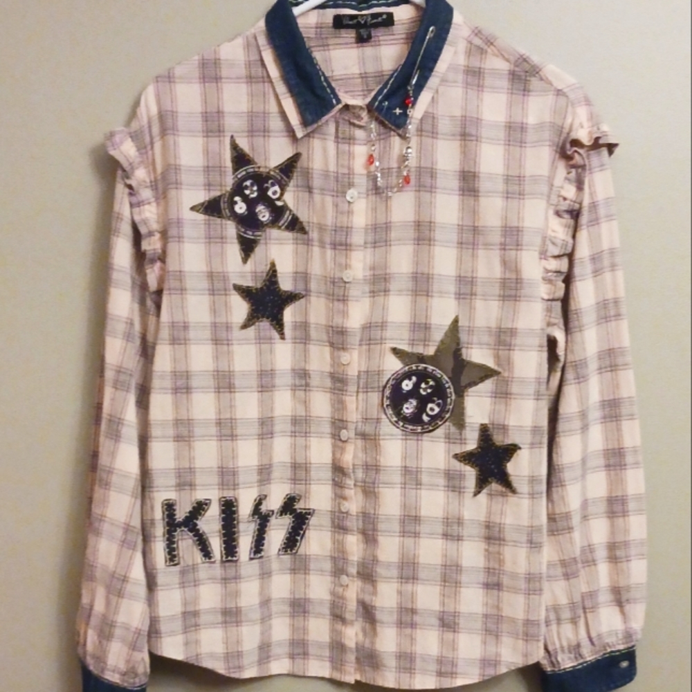 Hand Crafted Customized Ruffle Sleeve KISS Band Button Down Plaid